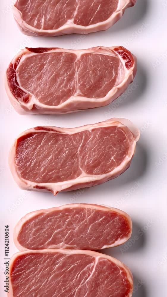Various cuts of fresh pork chops arranged neatly on a clean surface ready for cooking Various cuts of fresh pork chops arranged neatly on a clean surface ready for cooking