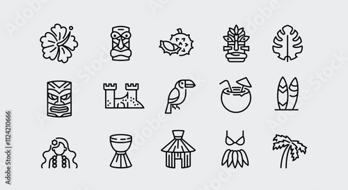 Tropical icons. Set of 15 trendy minimal tropical icons. Hibiscus, Palm Tree, Tiki Mask, Sandcastle, Coconut Drink icon. Design signs for web page, mobile app, packaging design. Vector illustration