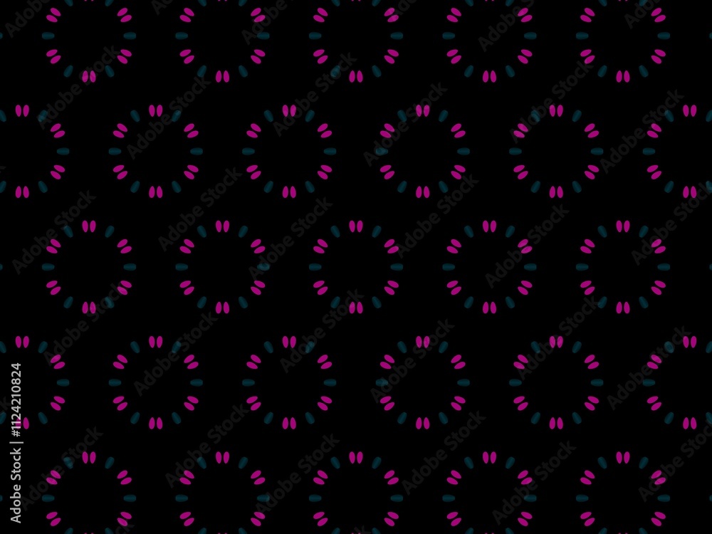 Seamless dark background with repeating pink and teal circular patterns. Seamless dark background with repeating pink and teal circular patterns.