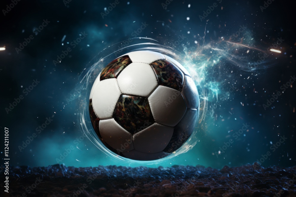 Fototapeta premium A soccer ball is depicted in dynamic motion, surrounded by glowing energy trails and a dark, atmospheric background