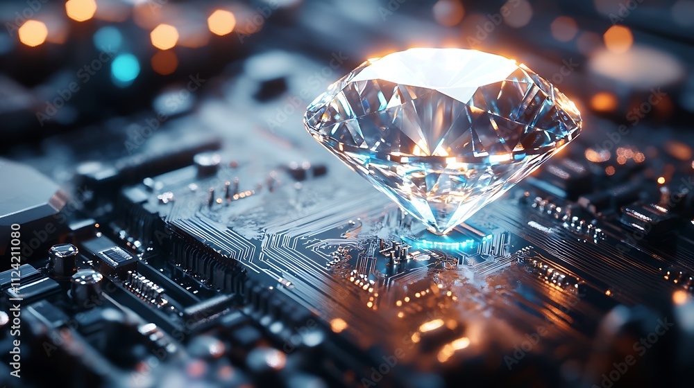 Glowing Diamond integrated on circuit board, symbolizing purity in advanced technology Glowing Diamond integrated on circuit board, symbolizing purity in advanced technology