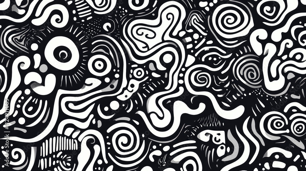 Fototapeta premium AI-Created Seamless Black and White Doodle Pattern