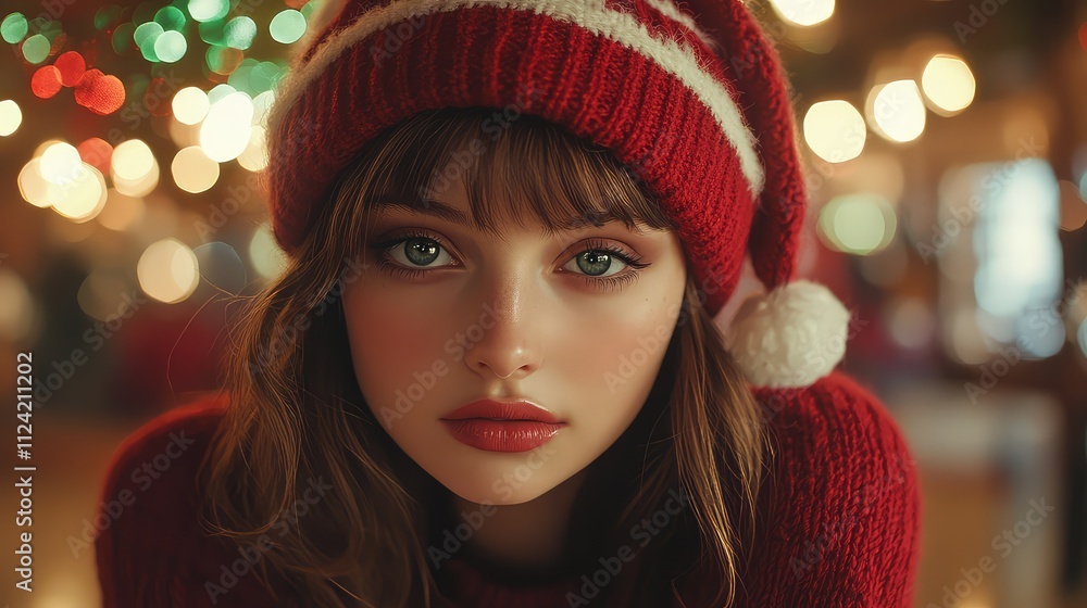 Festive Winter Portrait: Woman in Red Knit Hat Holding Christmas Ornament Against Teal Background Festive Winter Portrait: Woman in Red Knit Hat Holding Christmas Ornament Against Teal Background