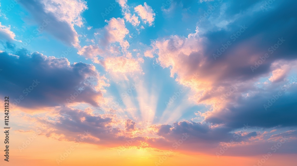 A vibrant sunset sky filled with colorful clouds and rays of sunlight breaking through, creating a serene and picturesque atmosphere. A vibrant sunset sky filled with colorful clouds and rays of sunlight breaking through, creating a serene and picturesque atmosphere.