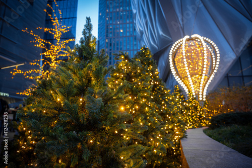 Christmas trees with decorative holiday lighting in New York City photo