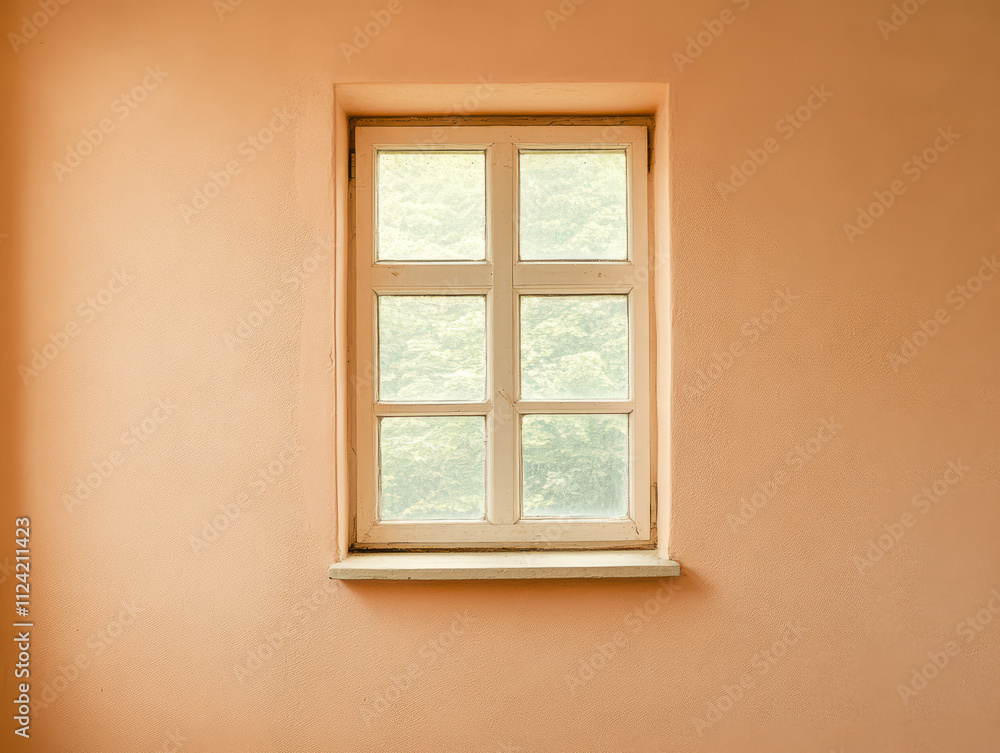 Bright and minimalistic window on an orange wall with greenery visible outside Bright and minimalistic window on an orange wall with greenery visible outside