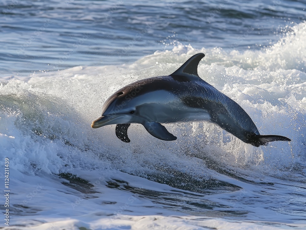 Obraz premium A dolphin playing in the waves, jumping in and out of the surf