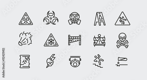 Safety and warning icons. 15 safety and warning trendy minimal icons. No Entry, Gas Mask, Caution, Biohazard icon. Design signs for web page, mobile app, packaging design. Vector illustration