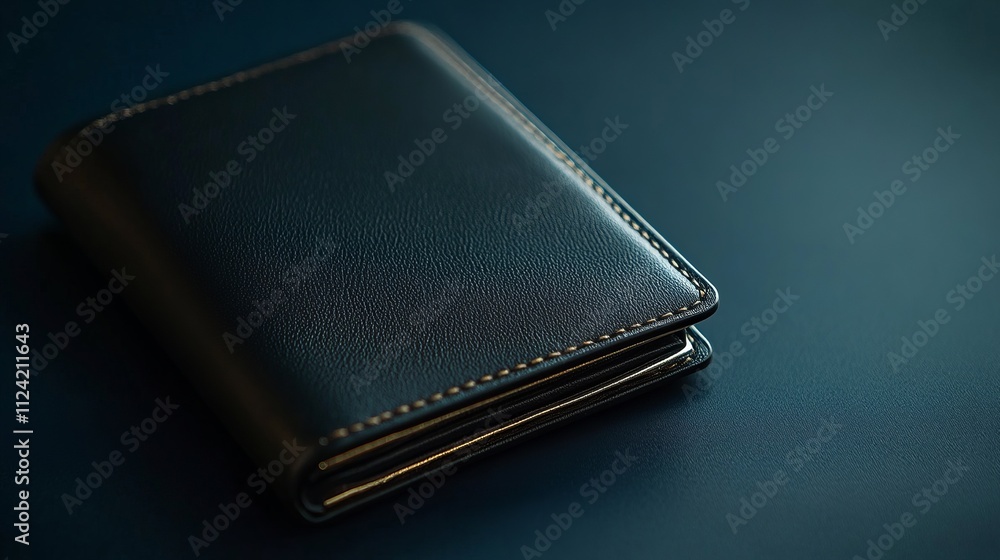 Elegant black leather wallet placed on a smooth dark surface with subtle lighting effects created in the evening Elegant black leather wallet placed on a smooth dark surface with subtle lighting effects created in the evening