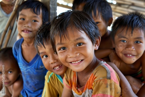 Portrait of a group of asian children in the village.