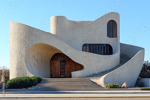 Unique modern architecture featuring curvy lines and textured surfaces with stairs photo