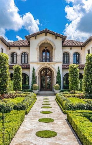 Beautiful luxury white home exterior with well-manicured landscaping and vibrant greenery in the springtime, sharp focus on the entire house, bright blue sky