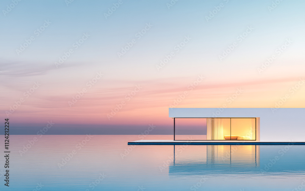 Modern architectural design near calm waters at sunset showcasing tranquility and beauty Modern architectural design near calm waters at sunset showcasing tranquility and beauty