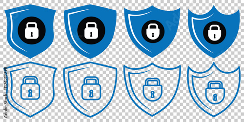 Set of security shield icons, security shields logotypes with check mark and padlock. Access approved symbol. Safety insignia. Vector illustration. 