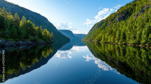 A serene landscape featuring a calm lake reflecting lush green hills and a clear blue sky, creating a picturesque and tranquil nature scene.