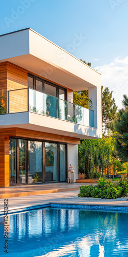 Modern house with outdoor pool and lush garden in bright daylight