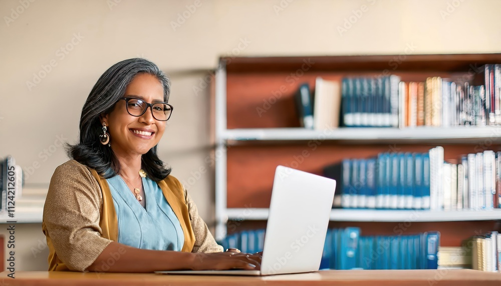 Indian Educator with Laptop in a Classroom Setting Indian Educator with Laptop in a Classroom Setting