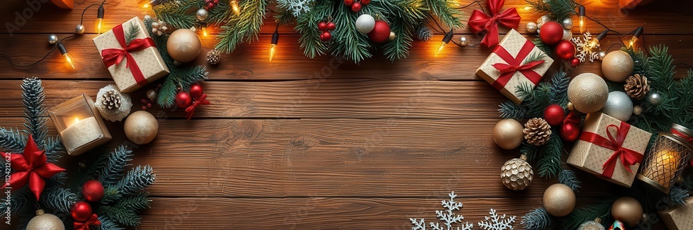A rustic Christmas holiday background featuring an empty wooden table surrounded by festive decorations and twinkling lights, celebration, empty, celebration A rustic Christmas holiday background featuring an empty wooden table surrounded by festive decorations and twinkling lights, celebration, empty, celebration