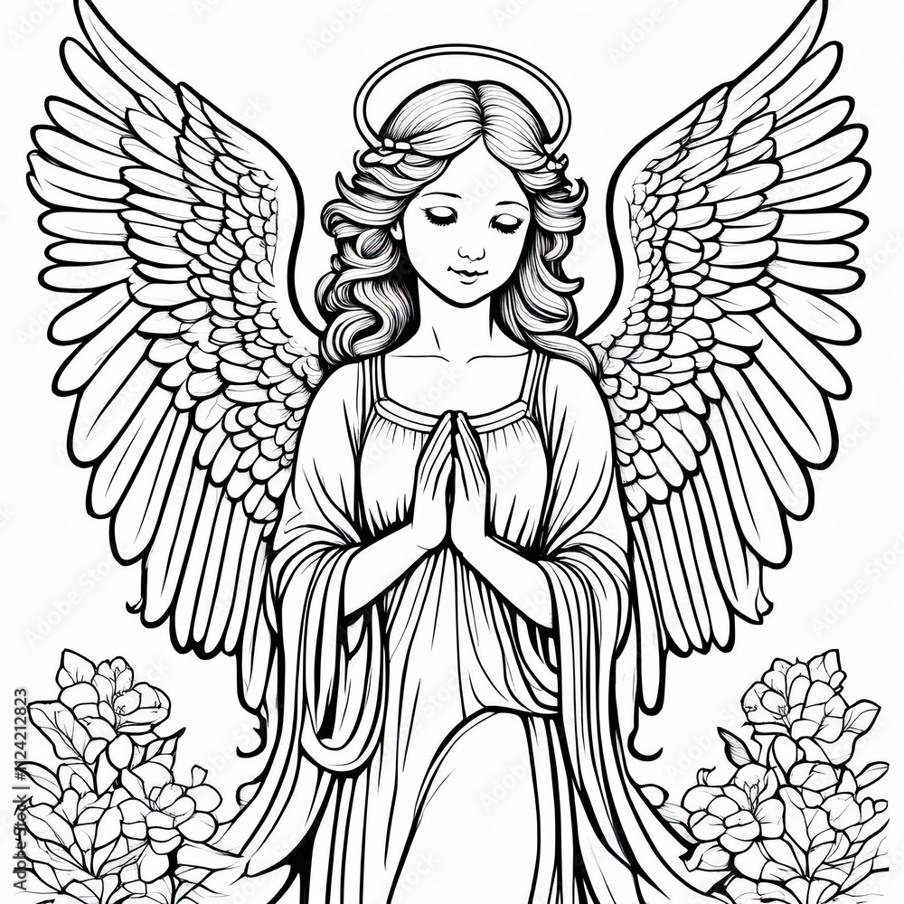 A beautifully detailed black-and-white line art illustration of a serene angel with flowing hair, majestic wings, and a halo, surrounded by floral elements. Perfect for coloring A beautifully detailed black-and-white line art illustration of a serene angel with flowing hair, majestic wings, and a halo, surrounded by floral elements. Perfect for coloring