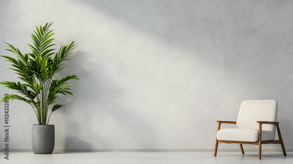 Modern interior design featuring a comfortable chair and lush green plant against a minimalist wall Modern interior design featuring a comfortable chair and lush green plant against a minimalist wall