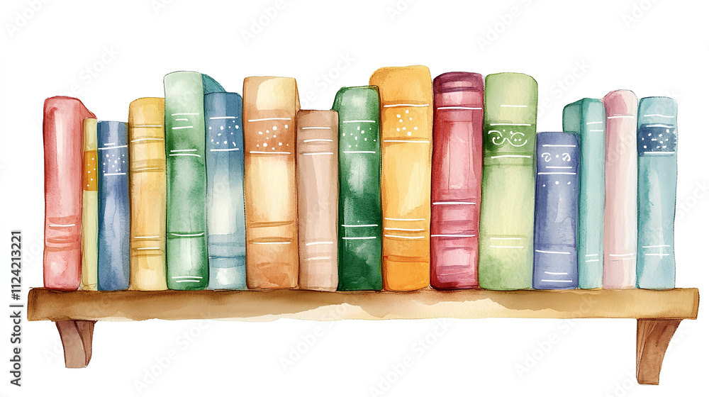 Bookshelf clipart filled with books of various sizes. watercolor illustration, Perfect for nursery art, simple clipart, single object, white color background Bookshelf clipart filled with books of various sizes. watercolor illustration, Perfect for nursery art, simple clipart, single object, white color background