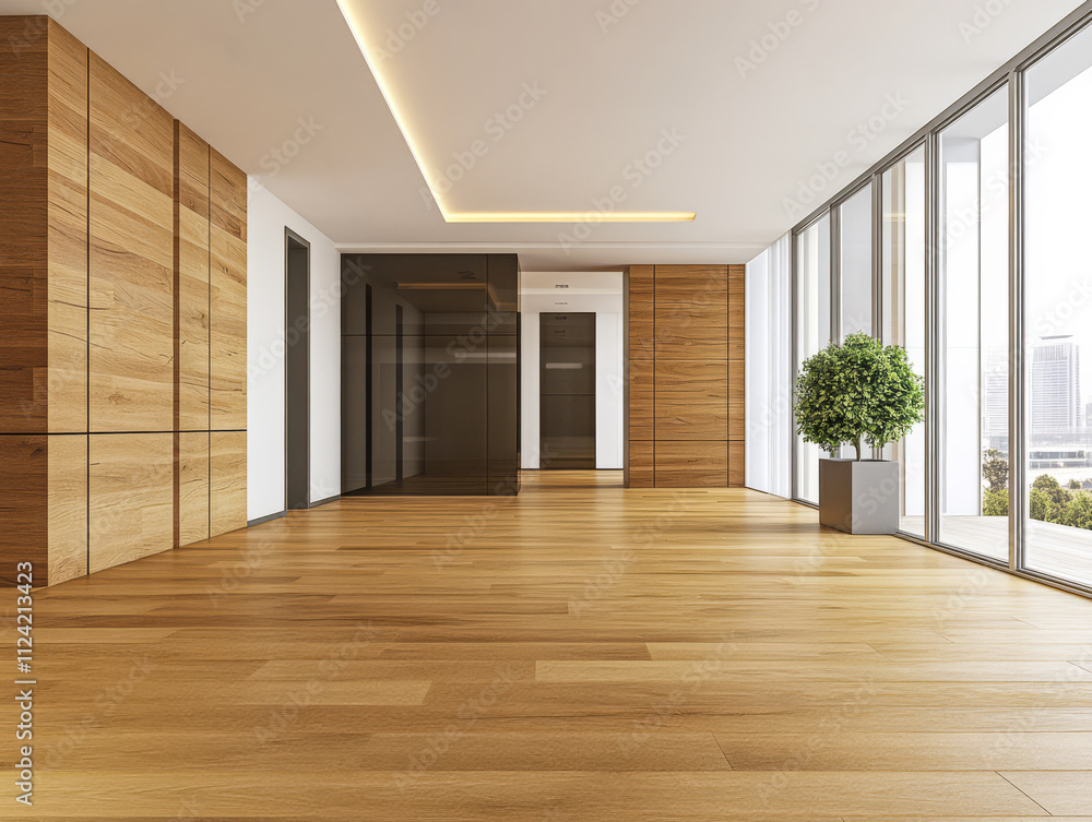 Modern interior space with wooden flooring and large windows overlooking the city Modern interior space with wooden flooring and large windows overlooking the city