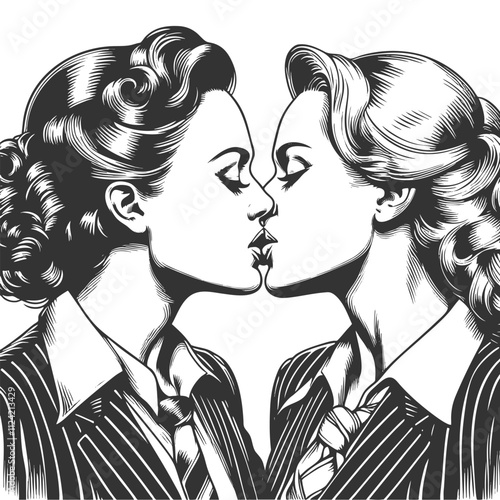 two businesswomen sharing a kiss, intimate moment with vintage charm sketch engraving generative ai fictional character vector illustration. Scratch board imitation. Black and white image.