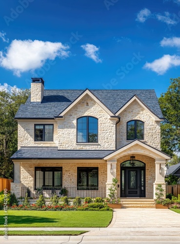 Beautiful white two-story home in the suburbs with a blue sky