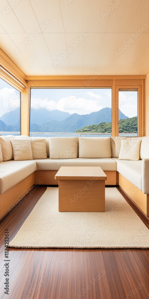 Fototapeta premium Modern lounge area with mountain view and natural light during daytime