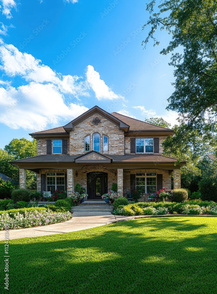 Beautiful two-story home in the suburbs with a blue sky Beautiful two-story home in the suburbs with a blue sky