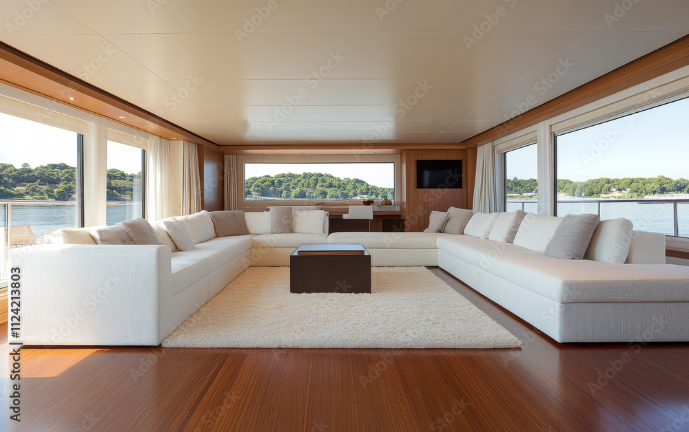 Spacious modern living area with large windows overlooking serene waterfront Spacious modern living area with large windows overlooking serene waterfront