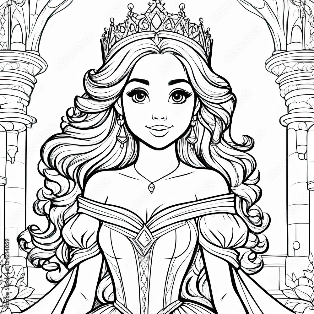 A stunning black-and-white line art illustration of a regal princess with flowing hair, wearing an elegant gown and tiara, set against a fairy tale castle background with ornate floral details A stunning black-and-white line art illustration of a regal princess with flowing hair, wearing an elegant gown and tiara, set against a fairy tale castle background with ornate floral details