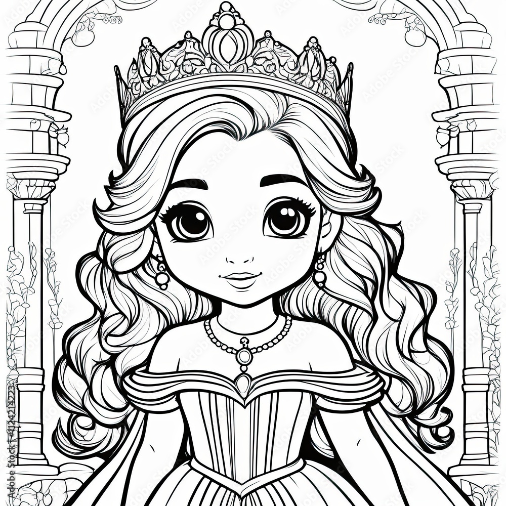 A stunning black-and-white line art illustration of a regal princess with flowing hair, wearing an elegant gown and tiara, set against a fairy tale castle background with ornate floral details A stunning black-and-white line art illustration of a regal princess with flowing hair, wearing an elegant gown and tiara, set against a fairy tale castle background with ornate floral details