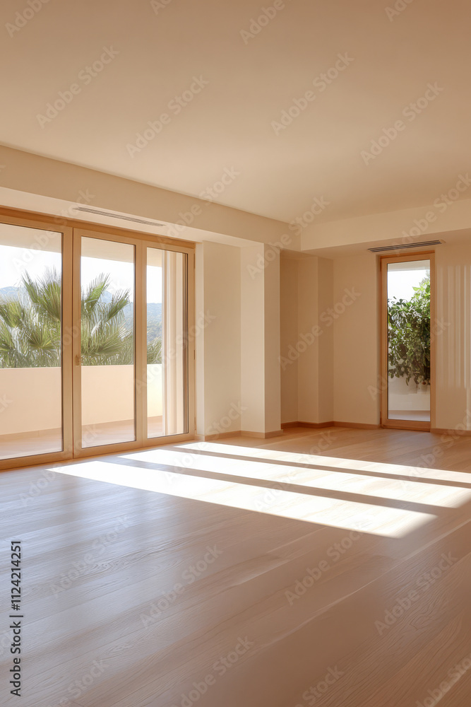 Spacious modern interior with large windows and natural light in open layout area Spacious modern interior with large windows and natural light in open layout area