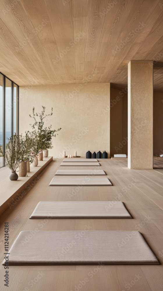 Tranquil yoga studio with meditation mats and natural decor by large windows Tranquil yoga studio with meditation mats and natural decor by large windows