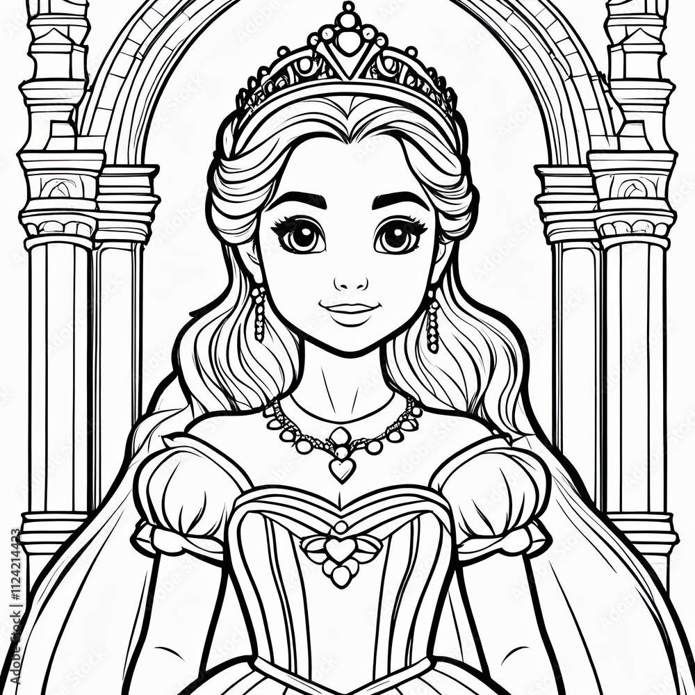 Fototapeta premium A stunning black-and-white line art illustration of a regal princess with flowing hair, wearing an elegant gown and tiara, set against a fairy tale castle background with ornate floral details