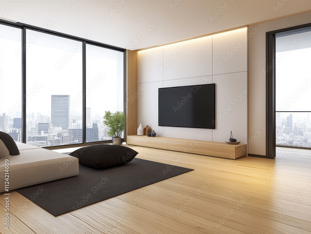 Modern living room with city view and minimalistic design in bright daylight Modern living room with city view and minimalistic design in bright daylight