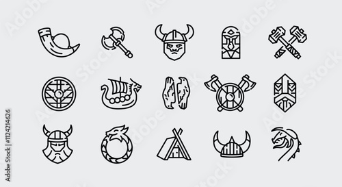 Vikings icons. Set of 15 Vikings trendy minimal icons. Viking helmet, battle axe, Norse shield, longship, viking horn icon. Design signs for web page, mobile app, packaging design. Vector illustration