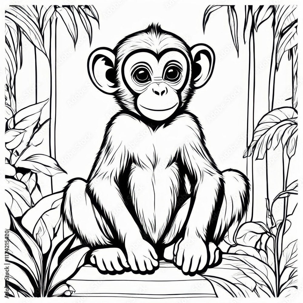 Fototapeta premium A delightful black-and-white line art illustration of a cute baby monkey sitting on a branch, surrounded by lush jungle leaves. Perfect for coloring, animal-themed designs, and children’s projects.