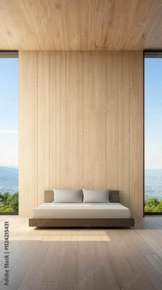 Fototapeta premium Modern minimalist interior design with large windows and scenic view of nature