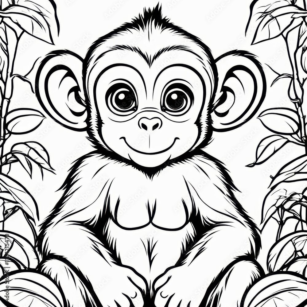 A delightful black-and-white line art illustration of a cute baby monkey sitting on a branch, surrounded by lush jungle leaves. Perfect for coloring, animal-themed designs, and children’s projects. A delightful black-and-white line art illustration of a cute baby monkey sitting on a branch, surrounded by lush jungle leaves. Perfect for coloring, animal-themed designs, and children’s projects.