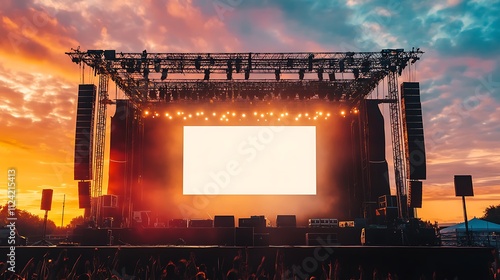 Majestic Stage Concert with blank white screen, sound system and lighting truss at sunset, Mock up Large Stage Design