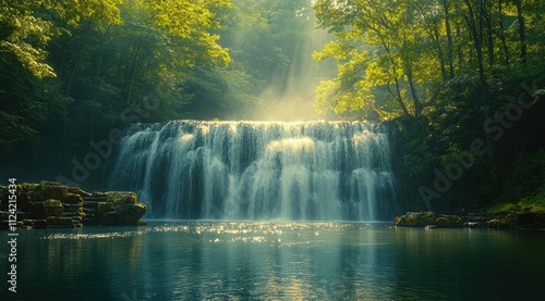 Serene waterfall cascading through lush green forest, sunbeams illuminating water.