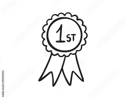 First place, winner reward, rosette hand drawn doodle icon. Medal number 1 icon Simple vector sign.