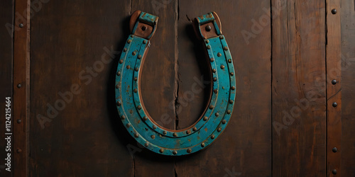 A vibrant wall-mounted horseshoe, with a rustic texture, representing protection and good fortune, isolated on a plain background. photo