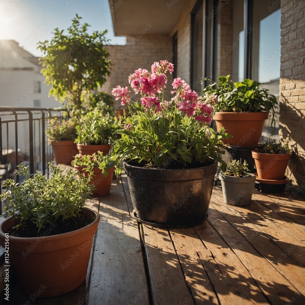 Freshly watered potted flowers on a sunny balcony. Freshly watered potted flowers on a sunny balcony.