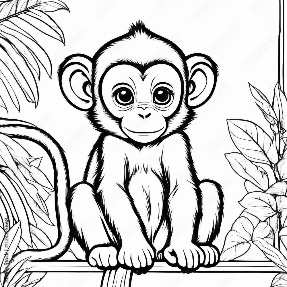 A delightful black-and-white line art illustration of a cute baby monkey sitting on a branch, surrounded by lush jungle leaves. Perfect for coloring, animal-themed designs, and children’s projects. A delightful black-and-white line art illustration of a cute baby monkey sitting on a branch, surrounded by lush jungle leaves. Perfect for coloring, animal-themed designs, and children’s projects.