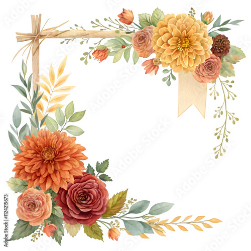 Autumn floral corner border with dahlia, rose and eucalyptus leaves. Fall frame, banner, Botanical plant illustration , elegant watercolor ,transparent background, PNG element ,Wedding Stationery