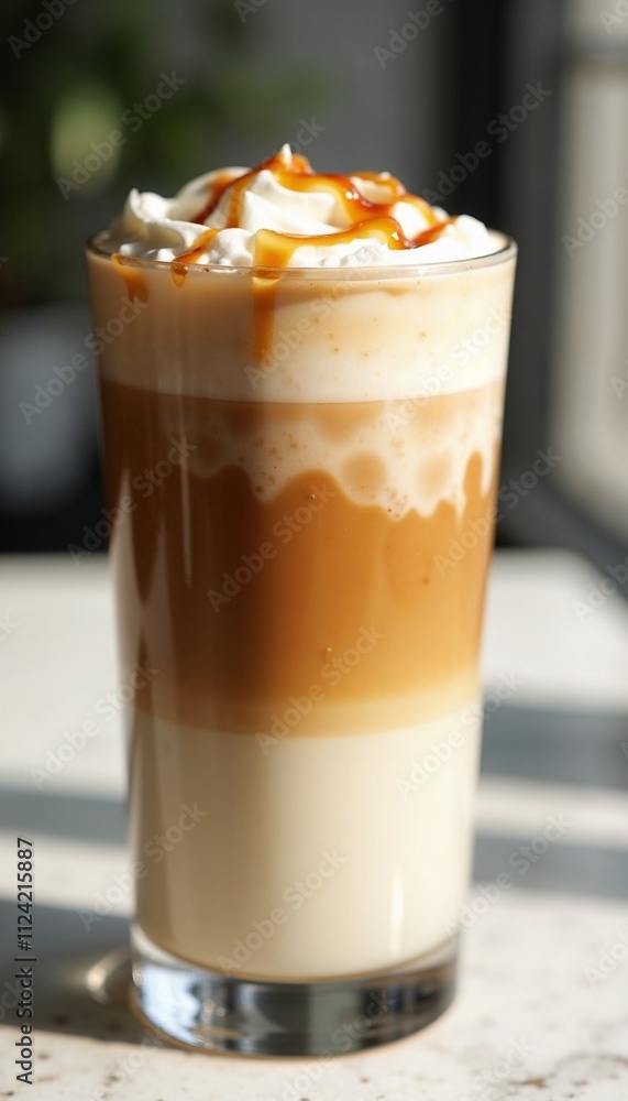 Close-up of caramel macchiato in transparent glass cup with frothy layers and caramel drizzle on marble counter Close-up of caramel macchiato in transparent glass cup with frothy layers and caramel drizzle on marble counter