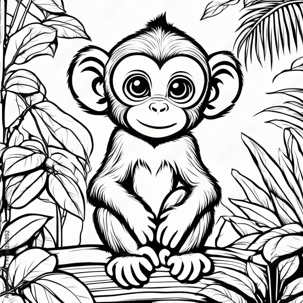 Obraz premium A delightful black-and-white line art illustration of a cute baby monkey sitting on a branch, surrounded by lush jungle leaves. Perfect for coloring, animal-themed designs, and children’s projects.